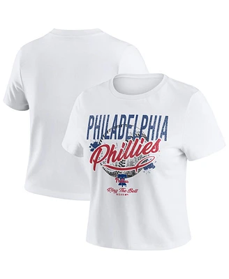 Wear by Erin Andrews Women's White Philadelphia Phillies Distressed Cropped Baby T-Shirt