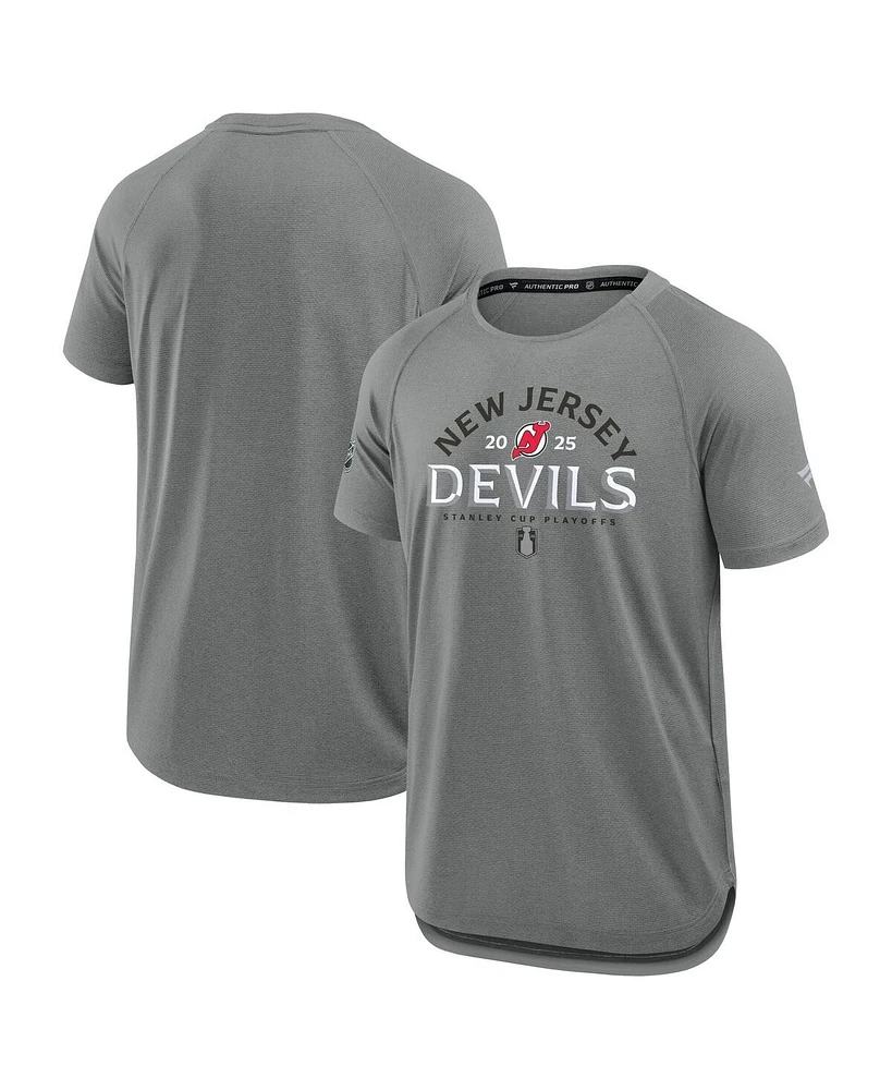 Fanatics Men's Heather Gray New Jersey Devils 2025 Stanley Cup Playoffs Authentic Pro Rink Performance T-Shirt