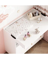Foldable multi-purpose changing table, baby changing station with multiple storage compartments and drawers, white wood