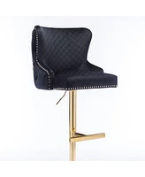 Velvet Adjustable Bar Stool with Tufted Backrest Lion Head Ring and Gold Metal Base for Kitchen Island Dining Room or Home Set of 1-The Pop