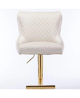 Velvet Adjustable Bar Stool with Tufted Backrest Lion Head Ring and Gold Metal Base for Kitchen Island Dining Room or Home Set of 1-The Pop