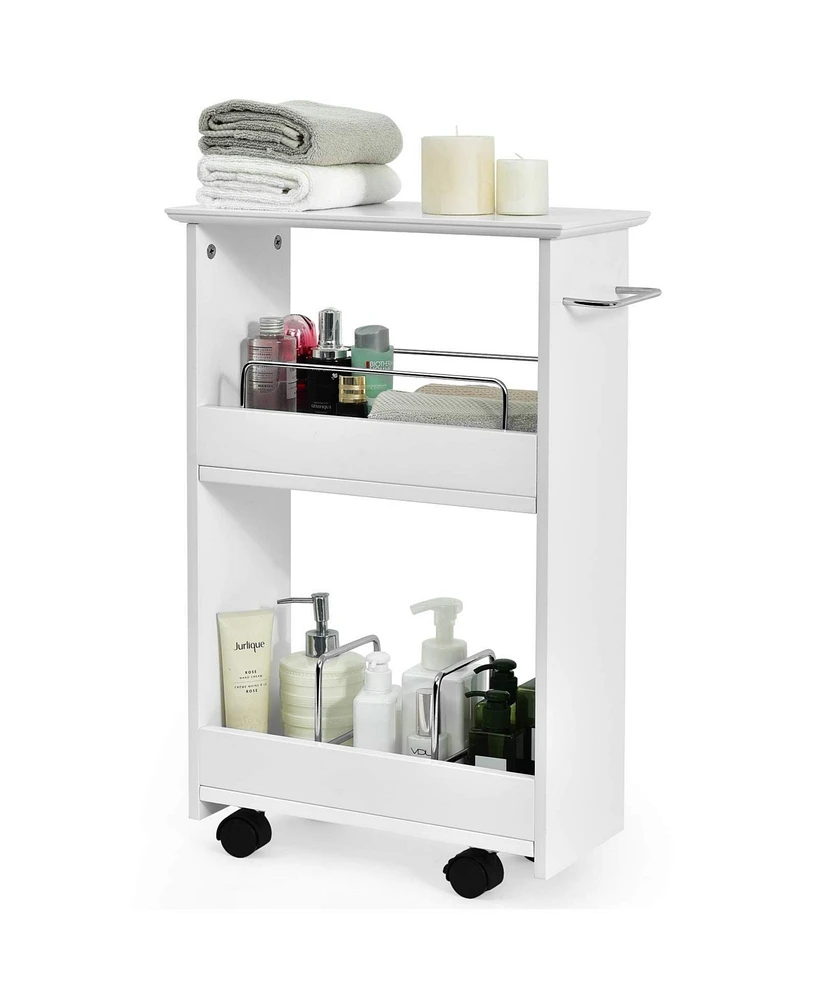 Slim Rolling 3-Tier Bathroom Mobile Shelving Cabinet wih Handle