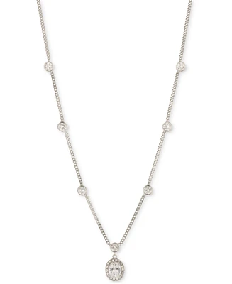 Givenchy Silver-Tone Pave & Oval Crystal Halo Pendant Necklace, 16" + 3" extender