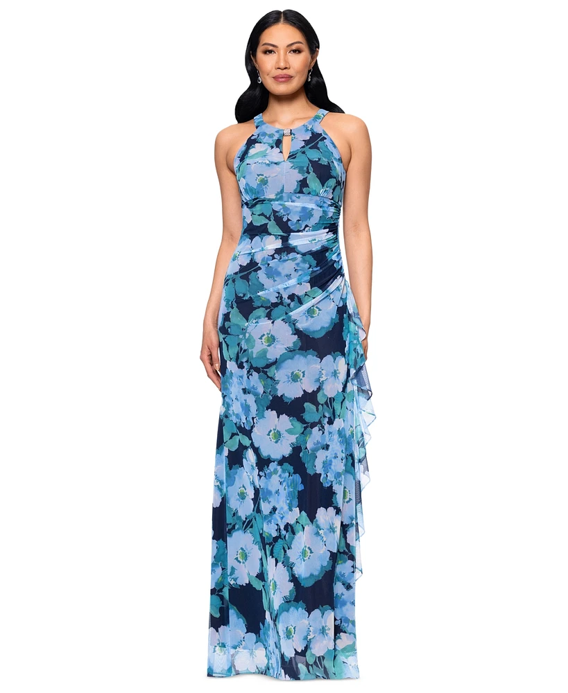 Betsy & Adam Women's Printed Mesh Halter-Neck Sleeveless Gown