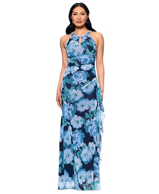 Betsy & Adam Women's Printed Mesh Halter-Neck Sleeveless Gown