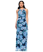 Betsy & Adam Women's Printed Mesh Halter-Neck Sleeveless Gown