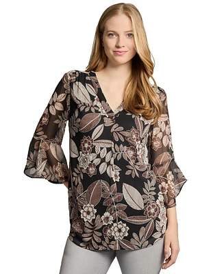 Jones New York Women's Floral-Print Bell-Sleeve Top