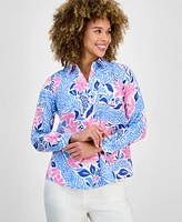 Charter Club Women's Printed 100% Linen Roll-Tab Shirt, Exclusively at Macy's
