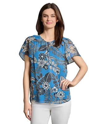Jones New York Women's Printed Pleated-Shoulder Tie-Front Top