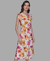 Karl Lagerfeld Paris Petite Floral-Print Flutter-Sleeve Midi Dress