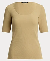 Lauren Ralph Women's Rib-Knit Cotton-Blend Elbow-Sleeve Tee