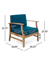 Acacia Wood Outdoor Lounge Chair with Blue Cushions