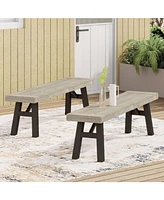 63 in. Sandblasted Light Gray Wood and Metal Outdoor Patio Bench