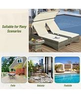 Outdoor Daybed Rattan Sun Lounger with Shelter Roof with Adjustable Backrest, Storage Box and 2 Cup Holders