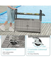 Outdoor Bar Cart Wicker Buffet Serving Cart with Cabinet and 8 Hooks