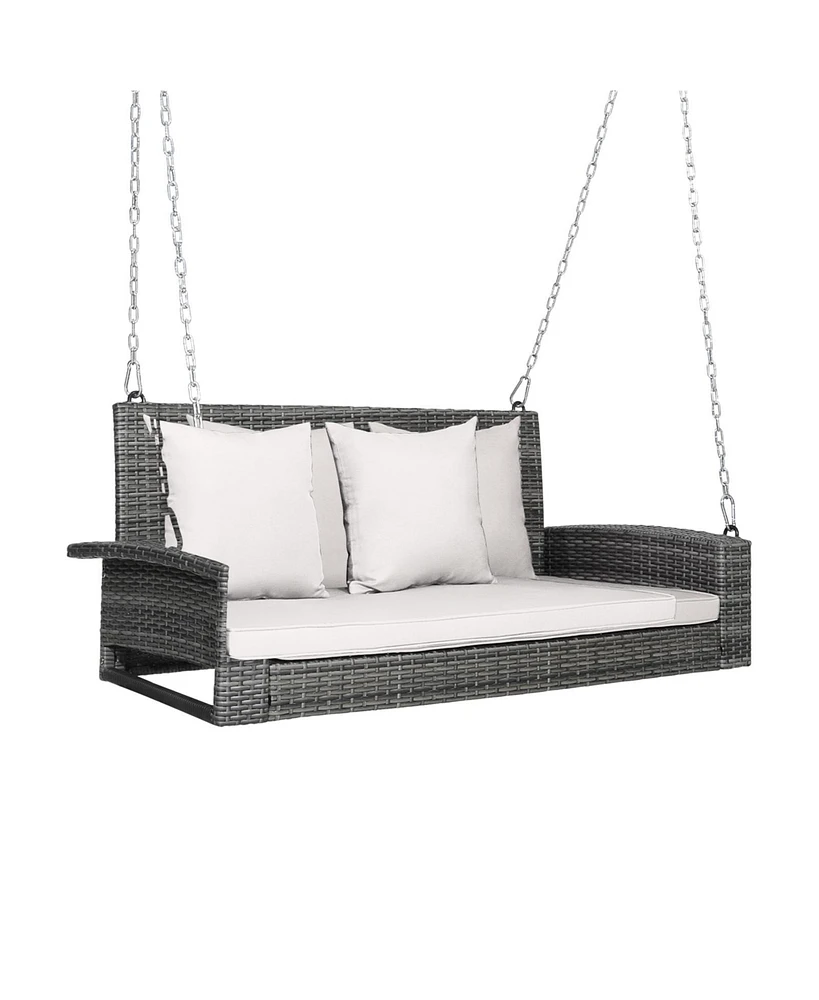 2-Person Patio Pe Wicker Hanging Porch Swing Bench Chair Cushion 800 Pounds