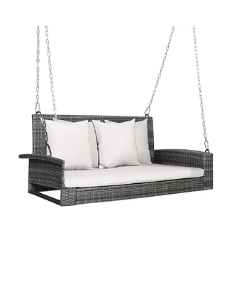 2-Person Patio Pe Wicker Hanging Porch Swing Bench Chair Cushion 800 Pounds