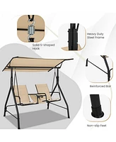 2-Seat Outdoor Cushioned Porch Swing with Adjustable Canopy and Tempered Glass Table
