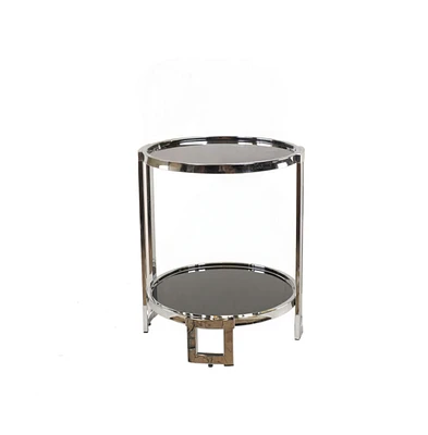 Contemporary Round Mirrored End Table with Glass Top and Shelf