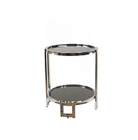 Contemporary Round Mirrored End Table with Glass Top and Shelf