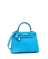 Pre-Owned Hermes Kelly 25 Handbag Blue Chevre Chamkila with Palladium Hardware