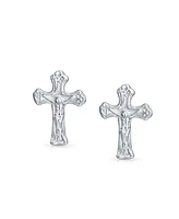 Bling Jewelry Catholic Crucifix Cross Stud Earrings - Sterling Silver Communion Gift