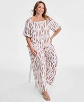 Vince Camuto June Hero Look Plus Size Printed Square Neck Short Sleeve Blouse Printed Wide Leg Gathered Pants