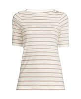 Lands' End Women's Tall Supima Cotton Elbow Sleeve Boatneck Button Shoulder Tee