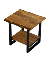 Industrial Solid Wood & Iron Square End Table with Lower Shelf
