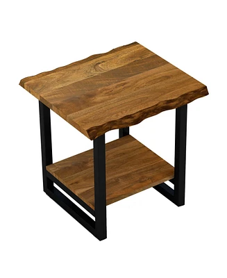 Industrial Solid Wood & Iron Square End Table with Lower Shelf