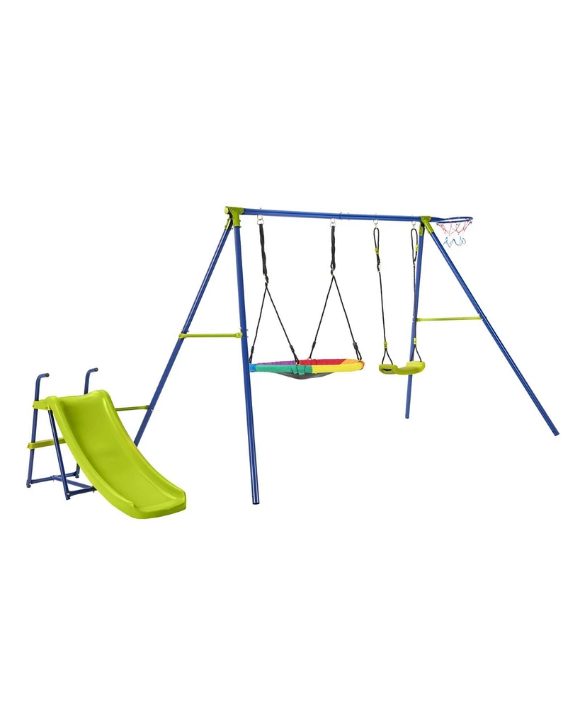 4-in-1 Heavy-Duty Metal Playset with Slide and Basketball Hoop