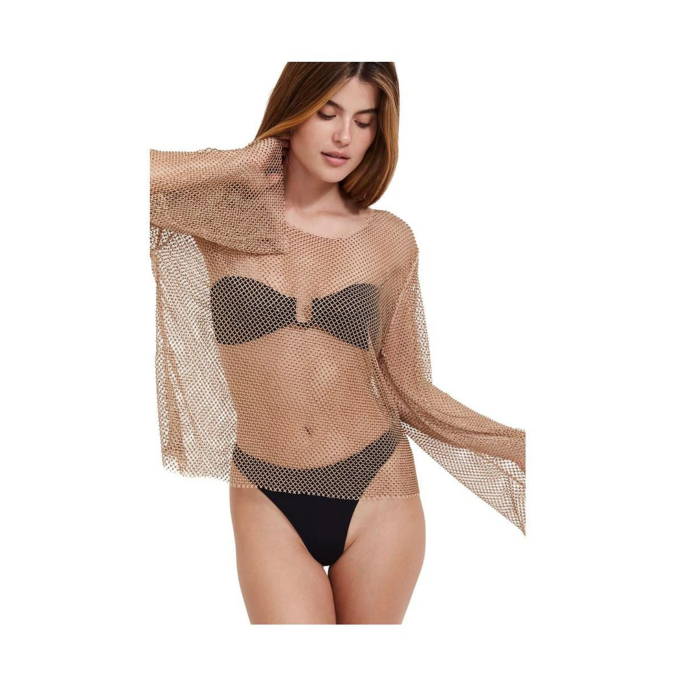 Flirtt Gottex Women's Rhinestone Lattice Long Sleeve Cover Up