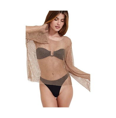 Flirtt Gottex Women's Rhinestone Lattice Long Sleeve Cover Up