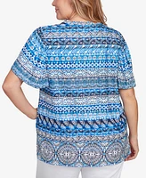 Ruby Rd. Plus Motif Stripe Embroidered Puff Print Top