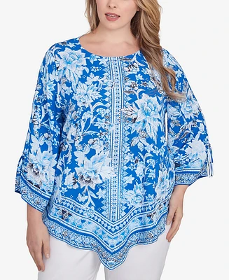 Ruby Rd. Plus Bohemian Batik Floral Border Print Crepe Tunic Top