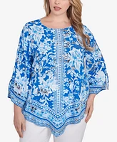 Ruby Rd. Plus Bohemian Batik Floral Border Print Crepe Tunic Top