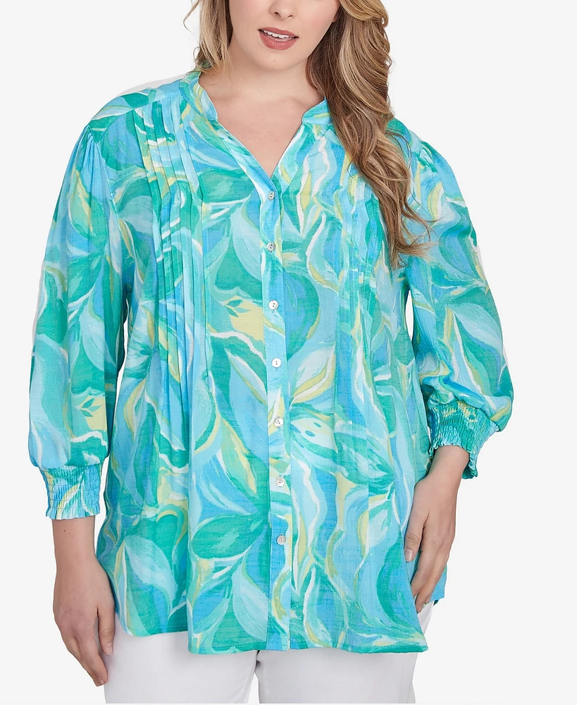 Ruby Rd. Plus Abstract Tropical Silky Button Front Top