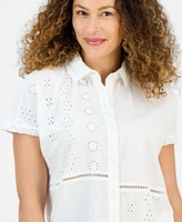 Style & Co Petite Eyelet-Detail Cotton Camp Shirt, Exclusively at Macy's