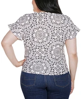 Belldini Plus Printed Eyelet Tie-Front Knit Top