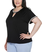 Belldini Plus Crochet-Trim Short Sleeve Knit Top