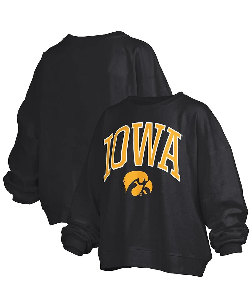 Pressbox Women's Black Iowa Hawkeyes Janise Arch Over Logo Waist Length Oversized Pullover Sweatshirt