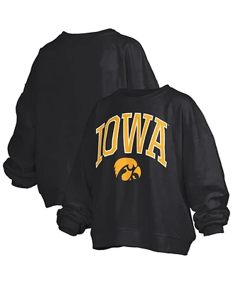 Pressbox Women's Black Iowa Hawkeyes Janise Arch Over Logo Waist Length Oversized Pullover Sweatshirt