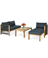Gymax 3PCS Patio Acacia Wood Sofa Furniture Set Thick Cushion W/ Nylon Rope Armrest