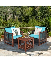 Gymax 3PCS Rattan Wicker Patio Conversation Set Outdoor Furniture Set w/ Turquoise Cushion