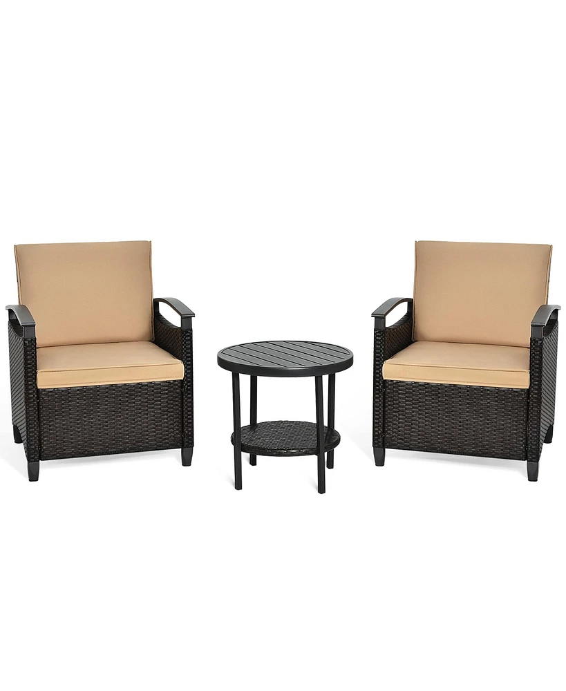 Gymax 3PCS Outdoor Wicker Bistro Set Patio Conversation Furniture Set w/ Cushions