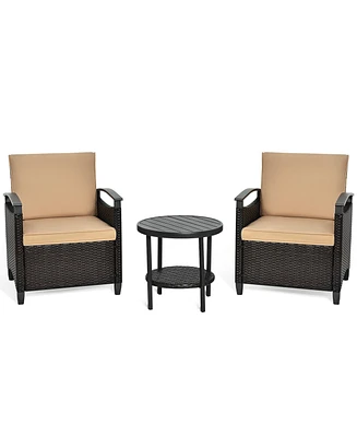 Gymax 3PCS Outdoor Wicker Bistro Set Patio Conversation Furniture Set w/ Cushions