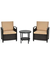 Gymax 3PCS Outdoor Wicker Bistro Set Patio Conversation Furniture Set w/ Cushions