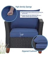 Gymax 3PCS Patio Rattan Conversation Furniture Set Yard Outdoor w/ Navy Cushions