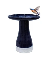 21" H Ceramic Bird Bath for Outside - Hand-Painted Outdoor Bird Bath Bowl, Uv/Frost-Resistant Finish - Midnight Blue - Ribbed Pedestal