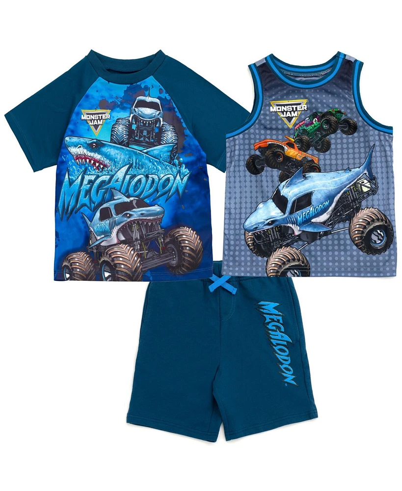 Monster Jam Toddler Boys Grave Digger El Toro Loco Megalodon T-Shirt Tank Top and French Terry Shorts 3 Piece Set to
